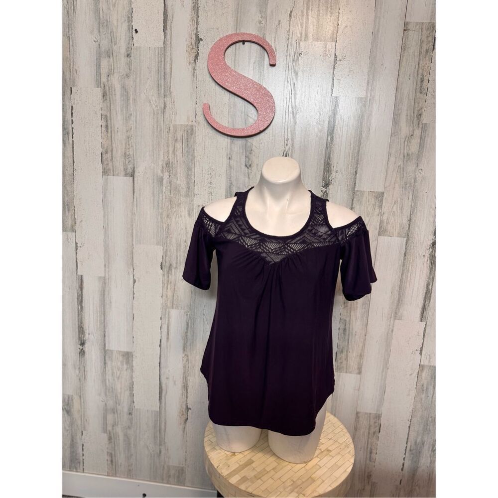 AUW Purple Cold Shoulder Top Small – Lace Yoke Blouse, Boho Chic Flutter Sleeve